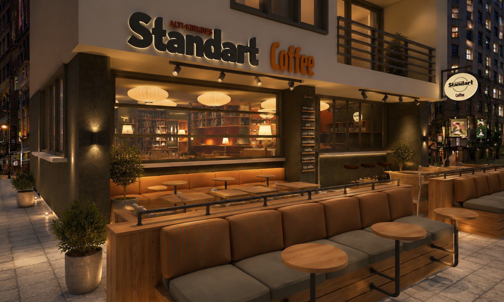 6:45 Standart Coffee İzmir kafe mimari tasarımı - dış teras alanı oturma
