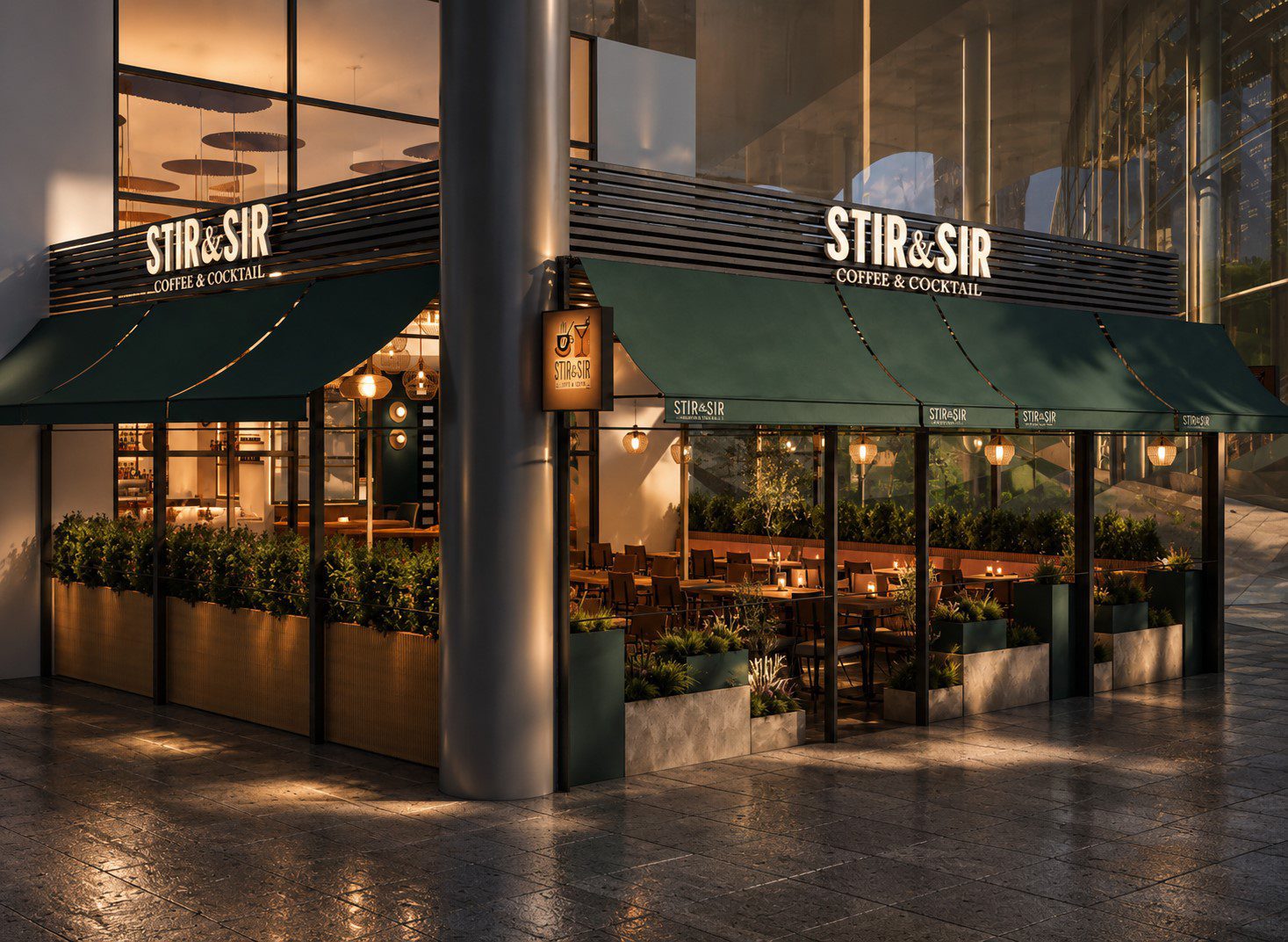 Stir&Sir'in yeşil tenteli ve bitki kutulu cephesi
