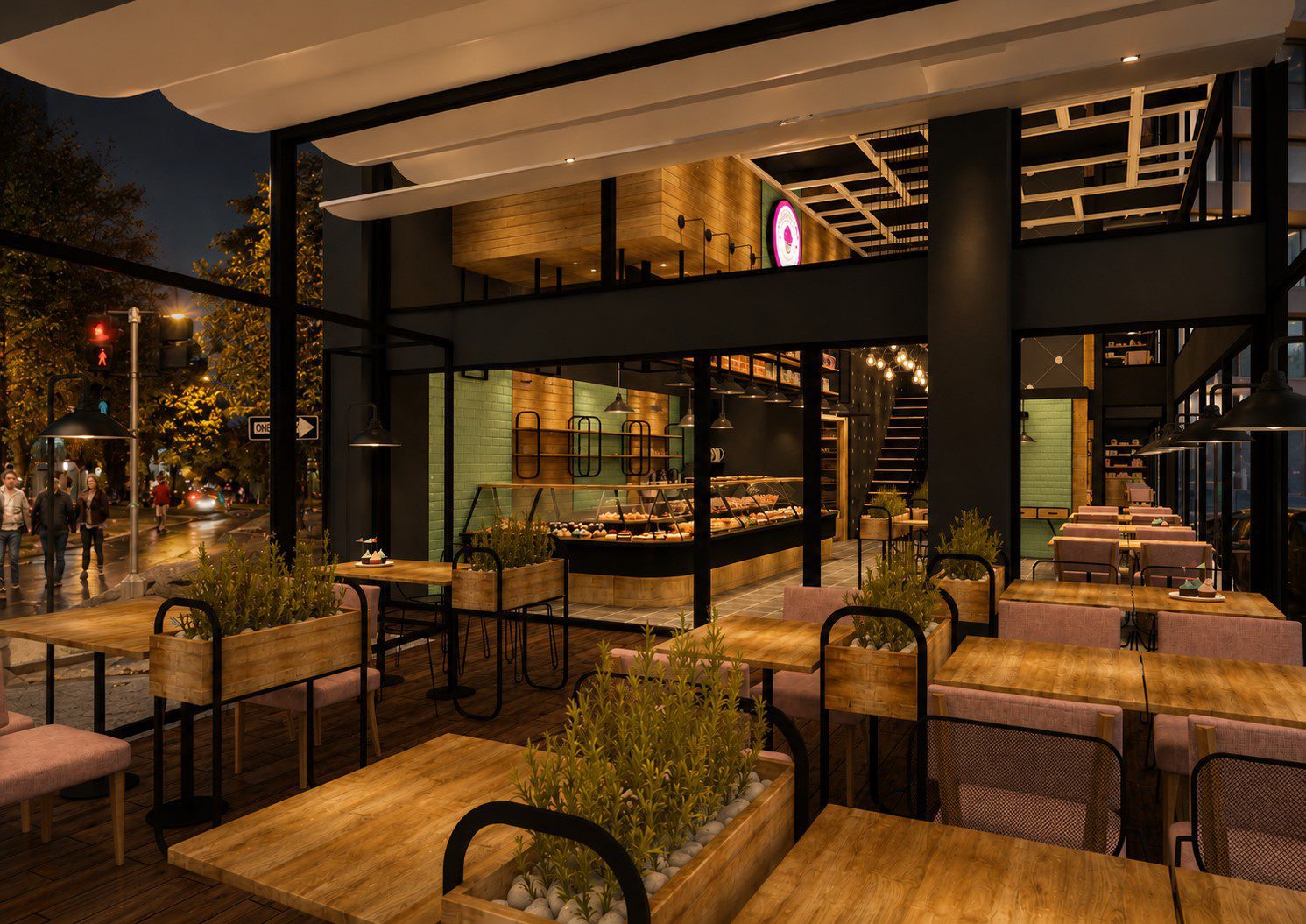 Pastane kafe tasarımı – bitkili endüstriyel oturma alanı, Acıbadem İstanbul