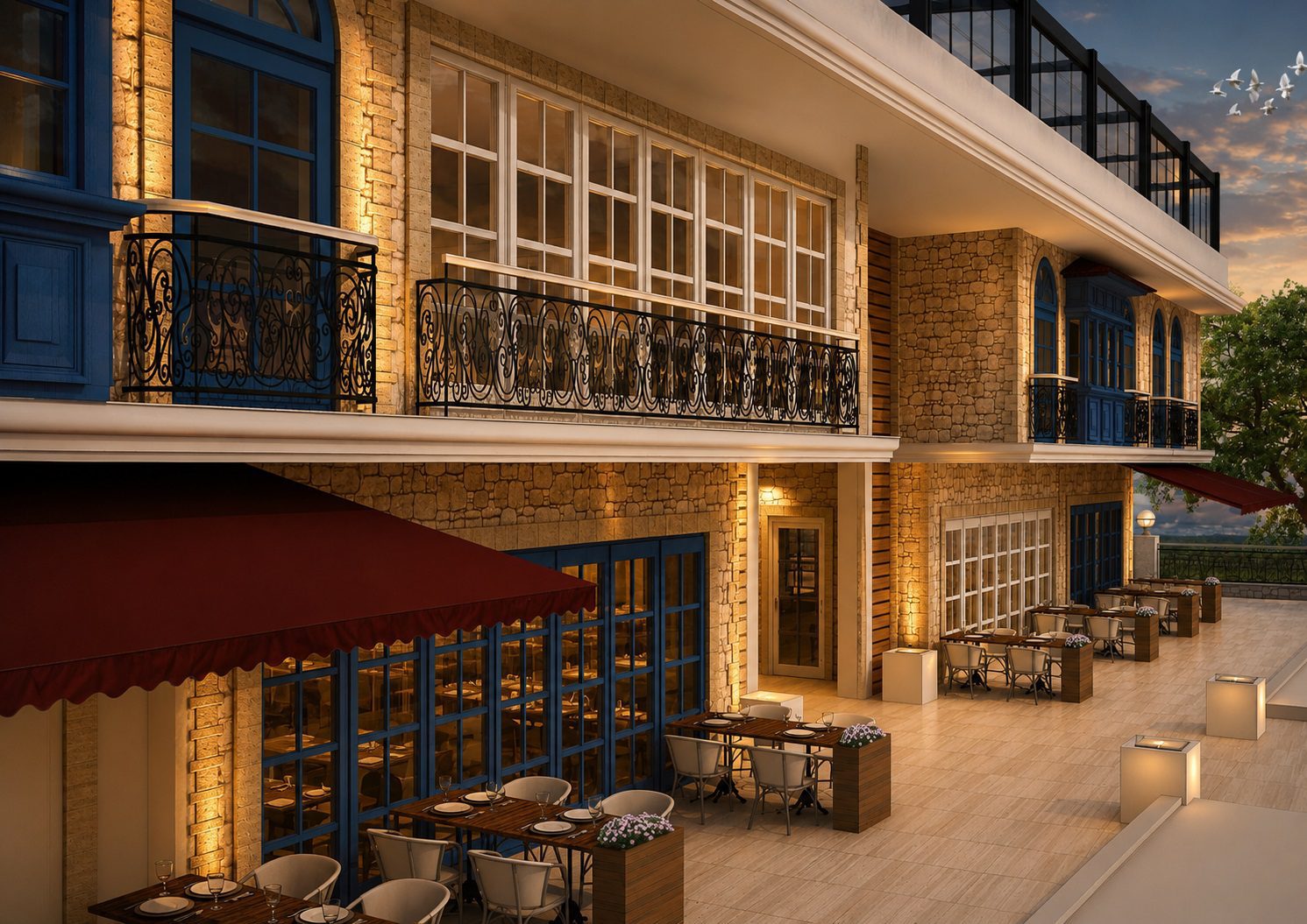 Restoran binası tasarımı – ortak avlu ve oturma alanı, Güzelbahçe