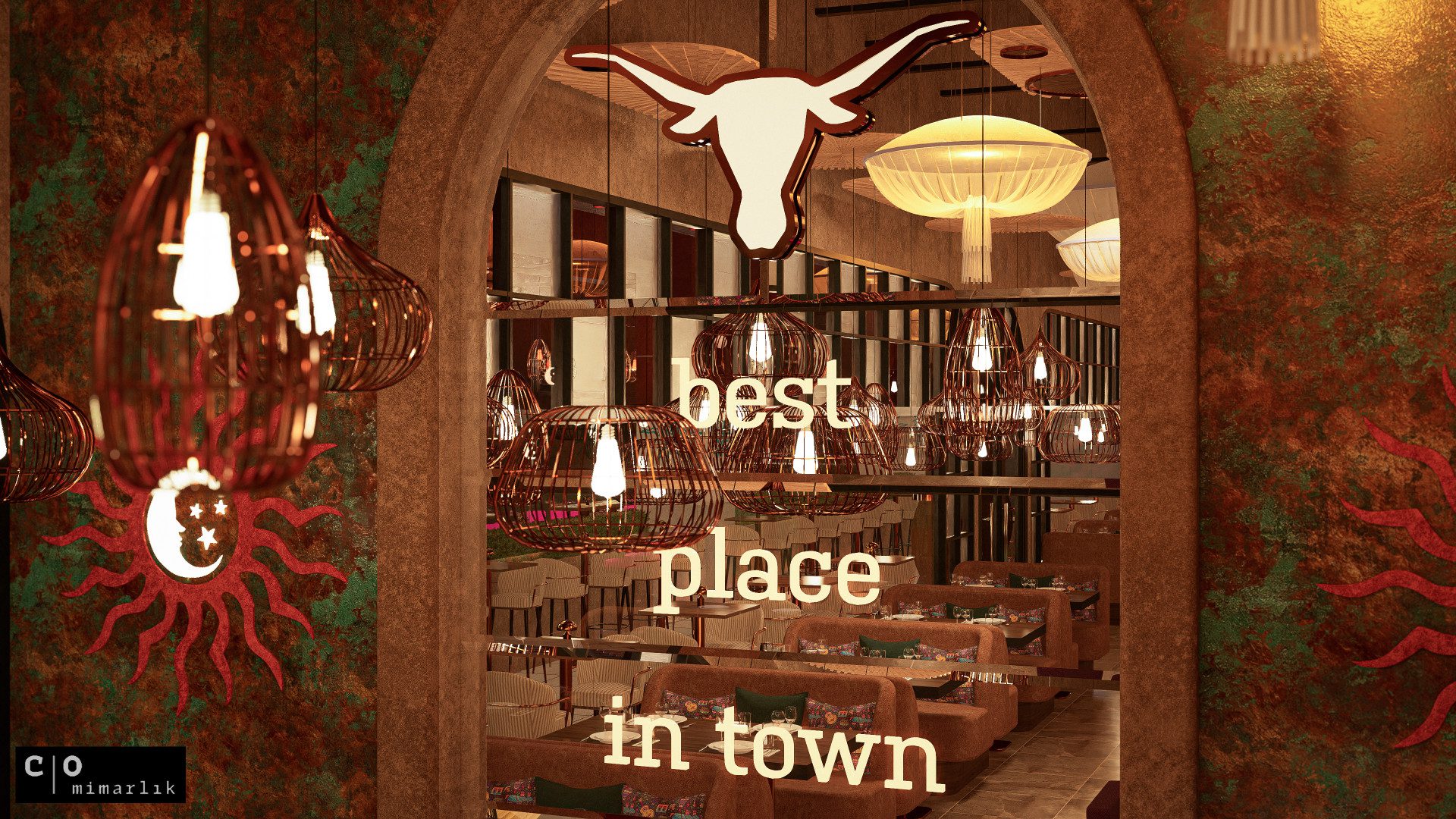 Meksika restoranı tasarımı - boğa kafası duvar dekoru