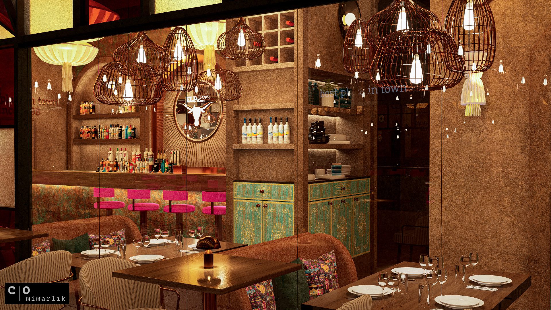 Meksika restoranı tasarımı - bar rafları ve aydınlatma