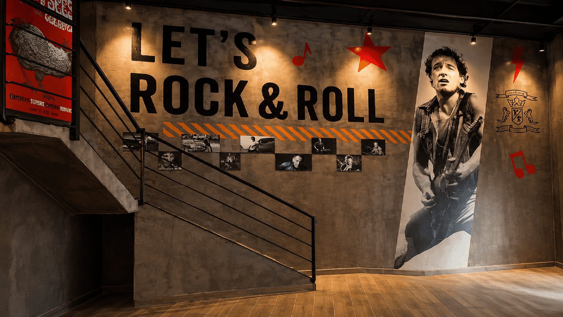 Kaybedenler Kulübü duvarında LET'S ROCK & ROLL yazısı ve rock portresi