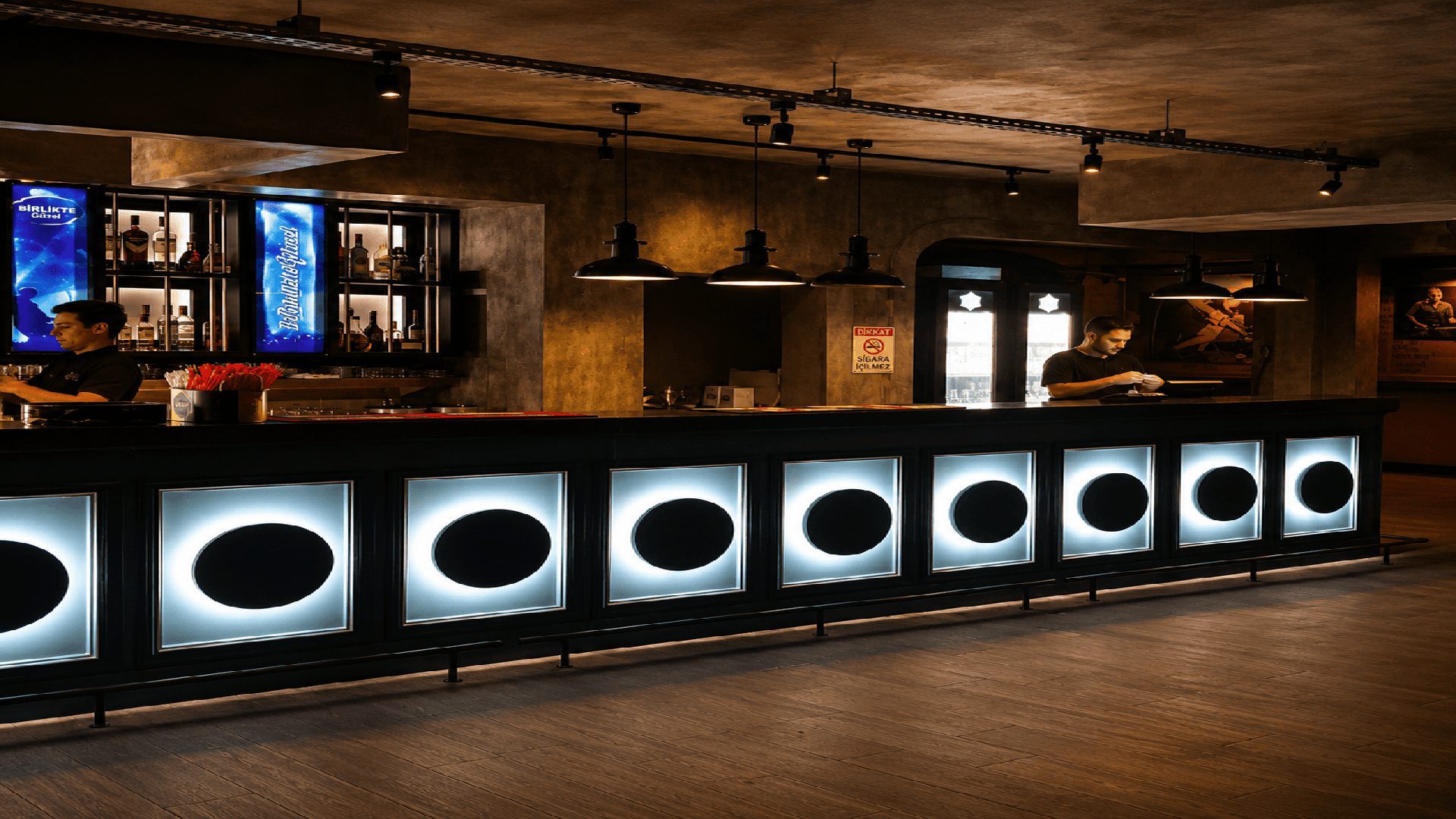Konser şubesinde ışıklı dairesel bar cepheleri
