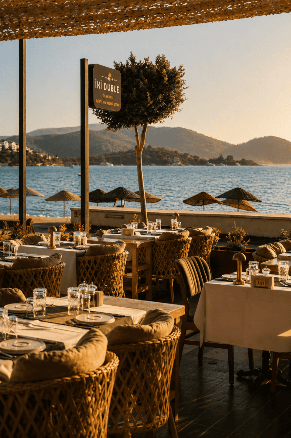 İki Duble Ocakbaşı restoran tasarımı - terastan deniz manzarası