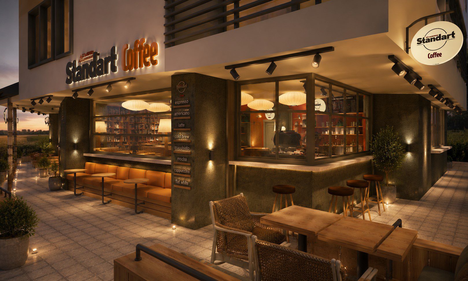 6:45 Standart Coffee İzmir kafe mimari tasarımı - dış cephe ve teras alanı