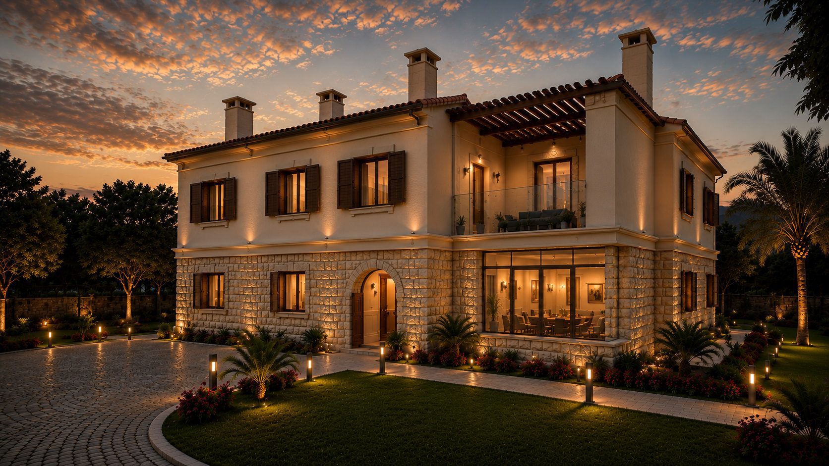 Villa mimarisi – aydınlatmalı giriş cephesi, Burhaniye Balıkesir