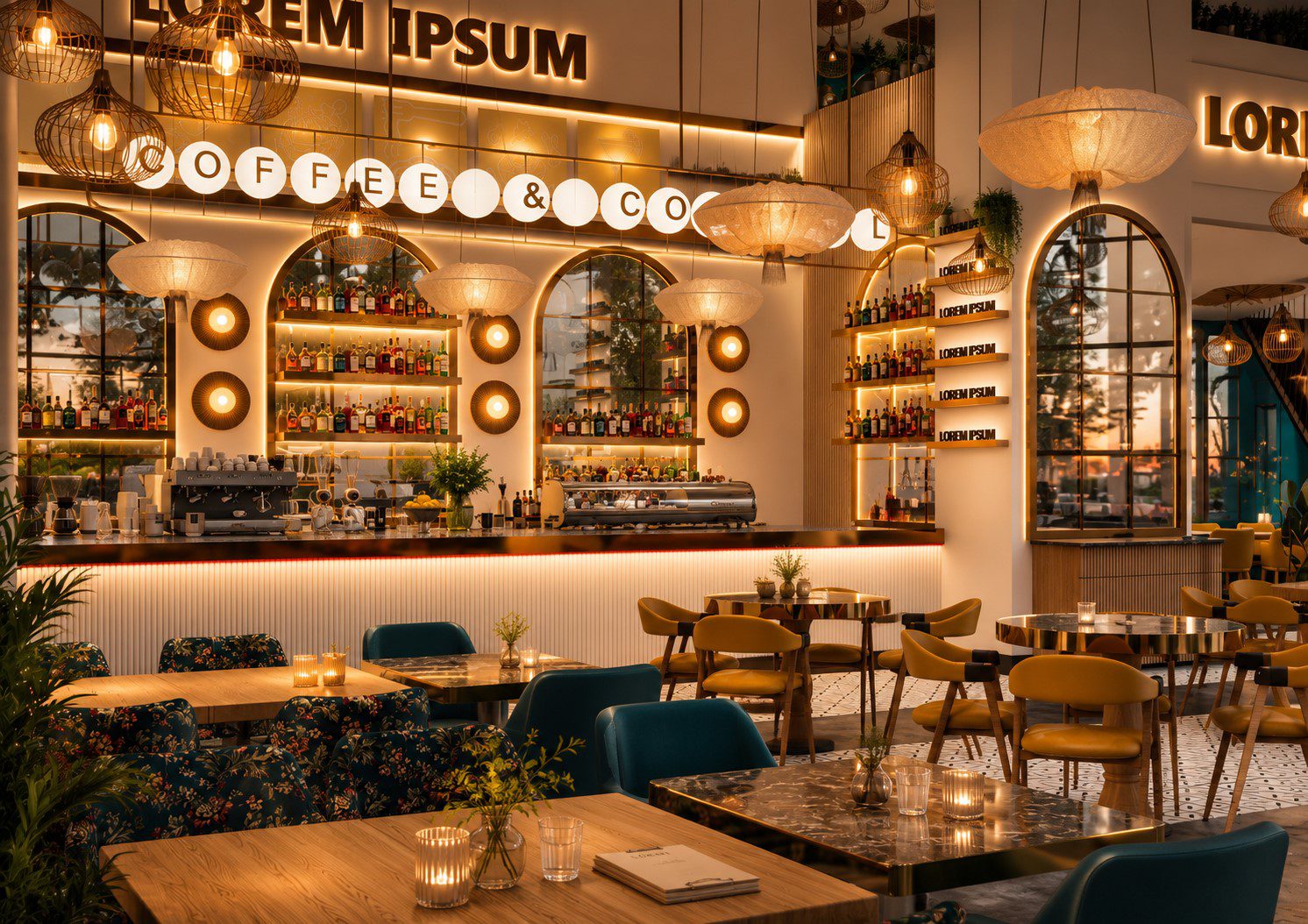 Stir&Sir kahve barı, kemerli raf nişleri ve sarkıt lambalar