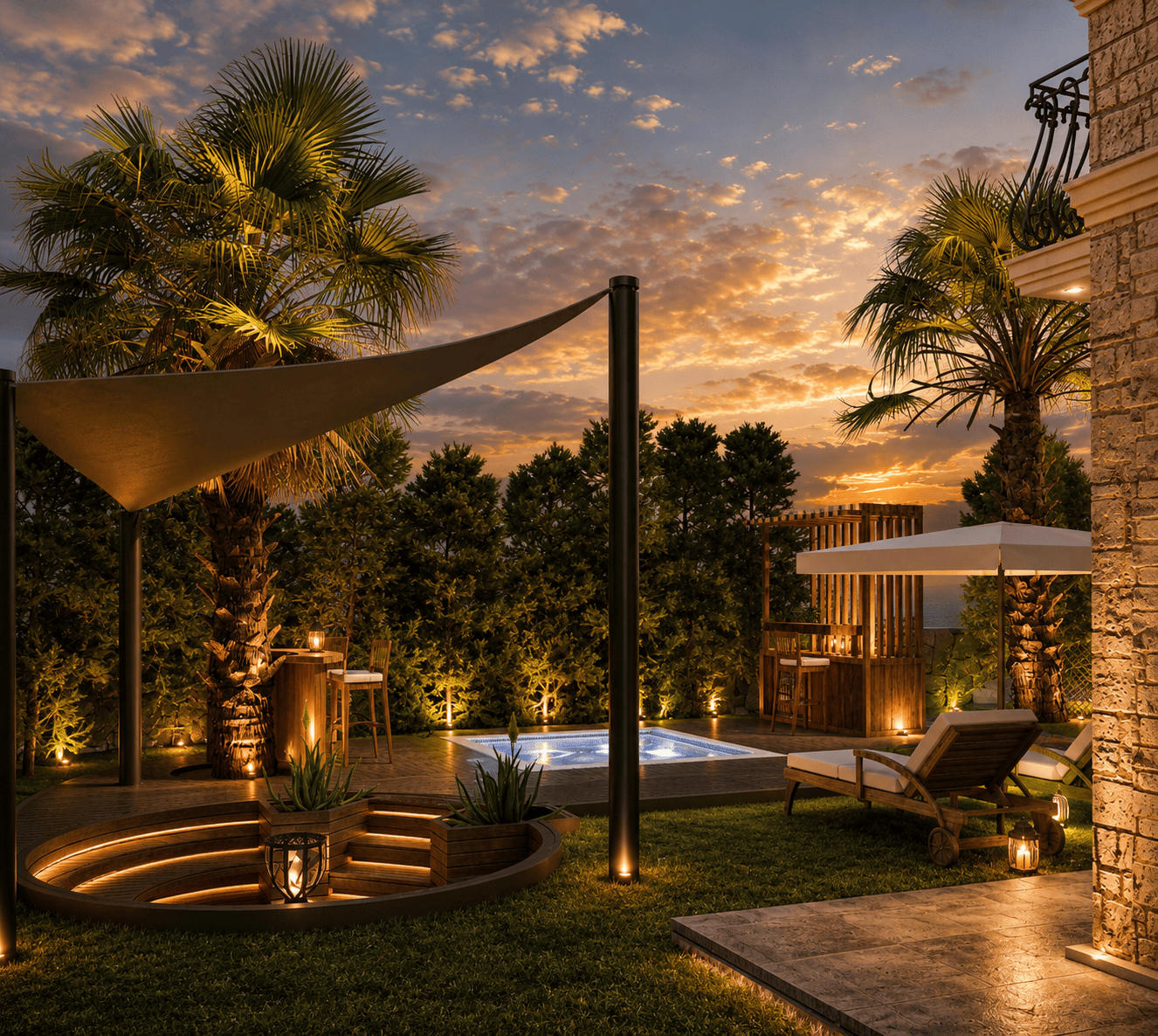 Çeşme villa bahçe ateş çukuru ve yelken gölgelik - Murat C. Evi