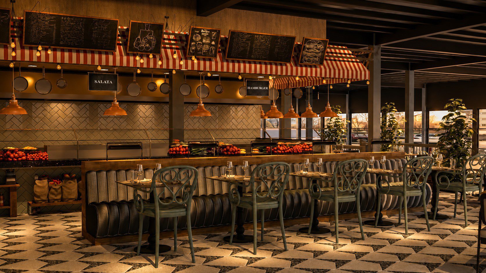 Pazaryeri Meydan Beşiktaş gastronomi alanı tasarımı - yemek sunum standları ve oturma grubu