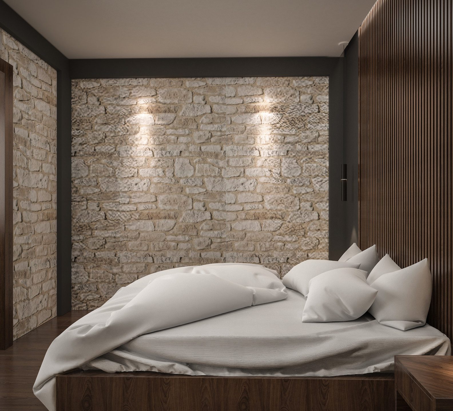 Çeşme villa iç mimarisi - yatak odası taş duvar detayı