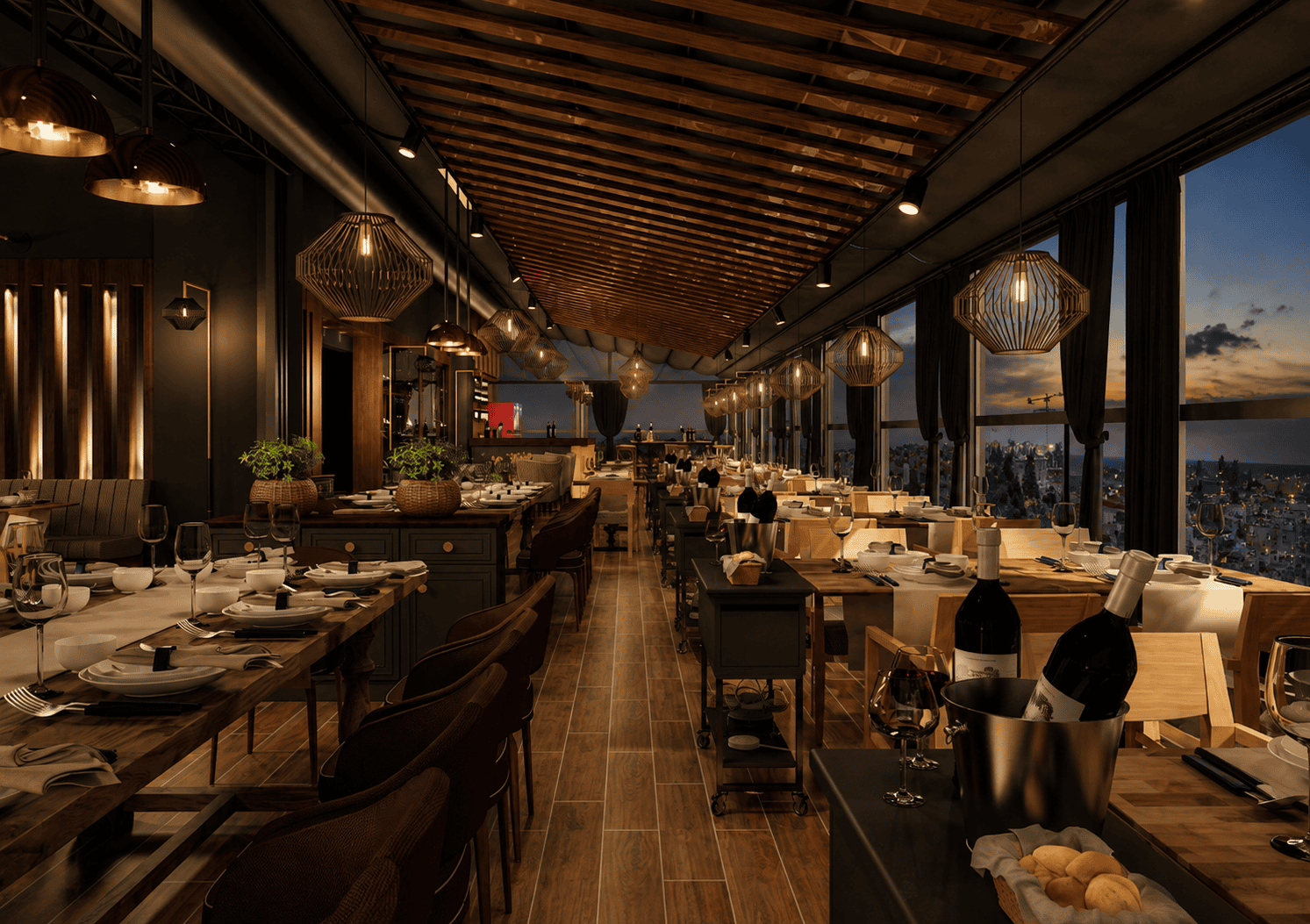 Restoran aydınlatma tasarımı – geometrik tavan ve sarkıt lambalar, Balıktaşı Otel