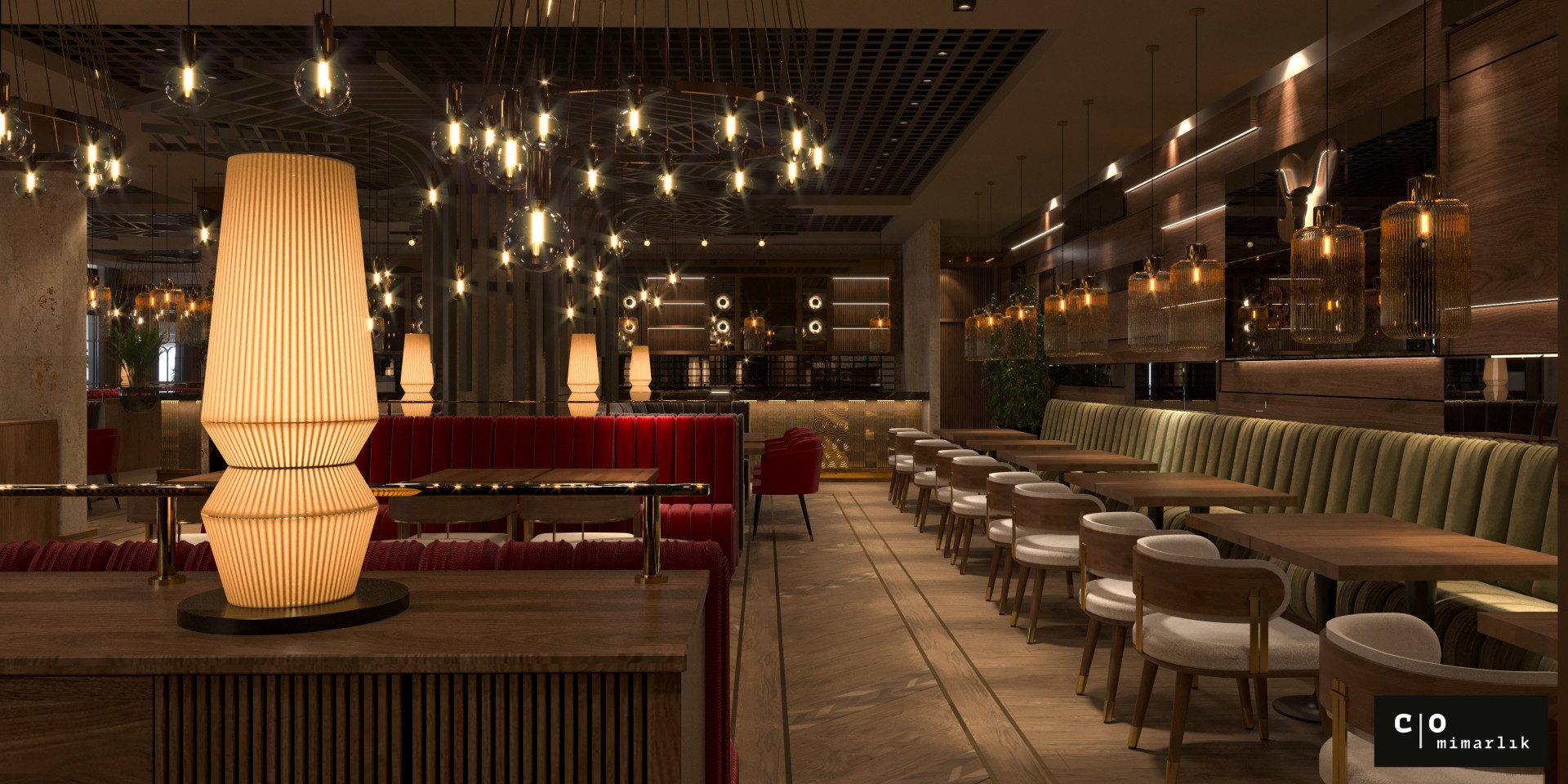 Türk restoran tasarımı - geniş salon perspektifi
