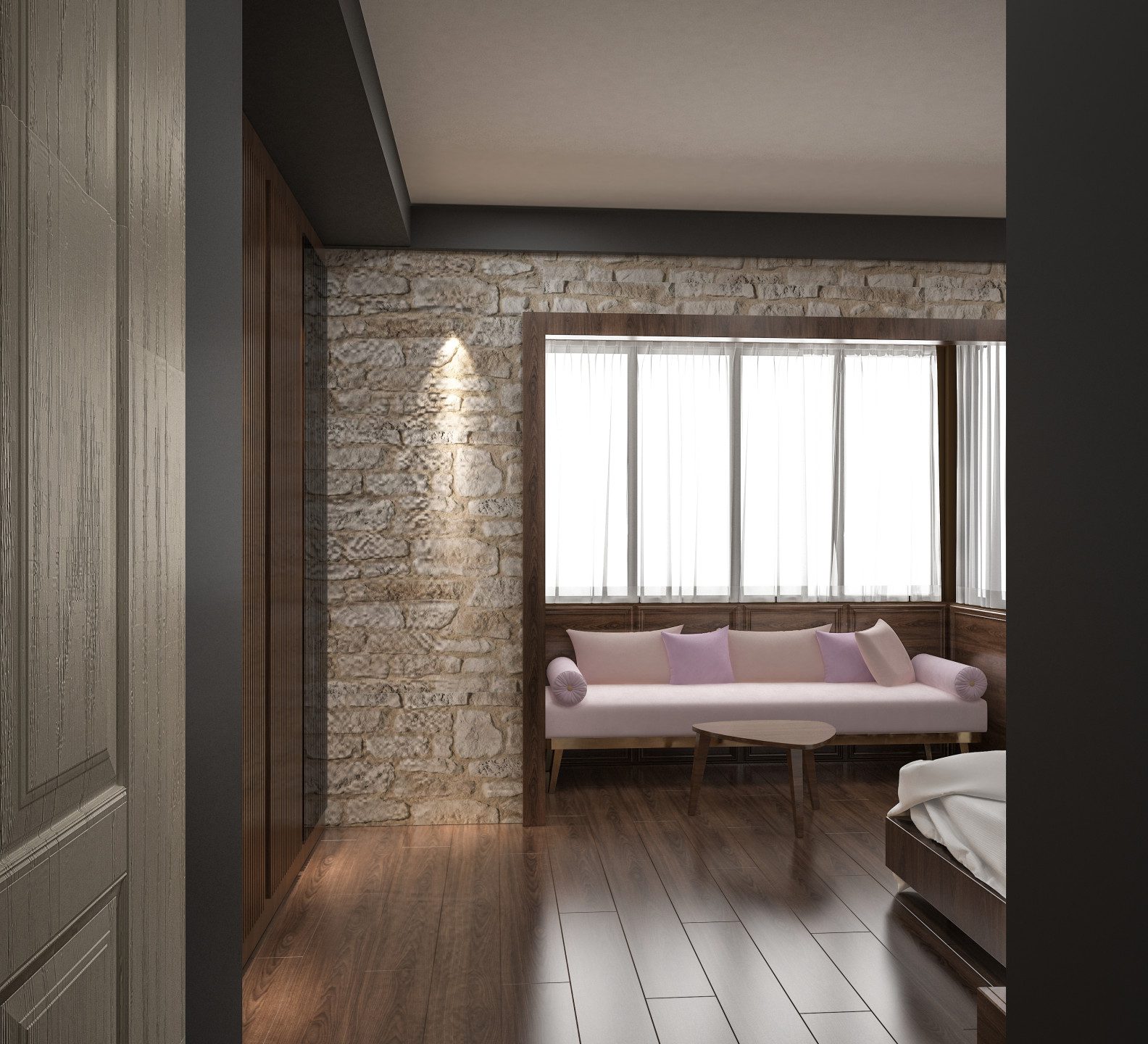 Çeşme villa iç mimarisi - yatak odası cam önü oturma köşesi