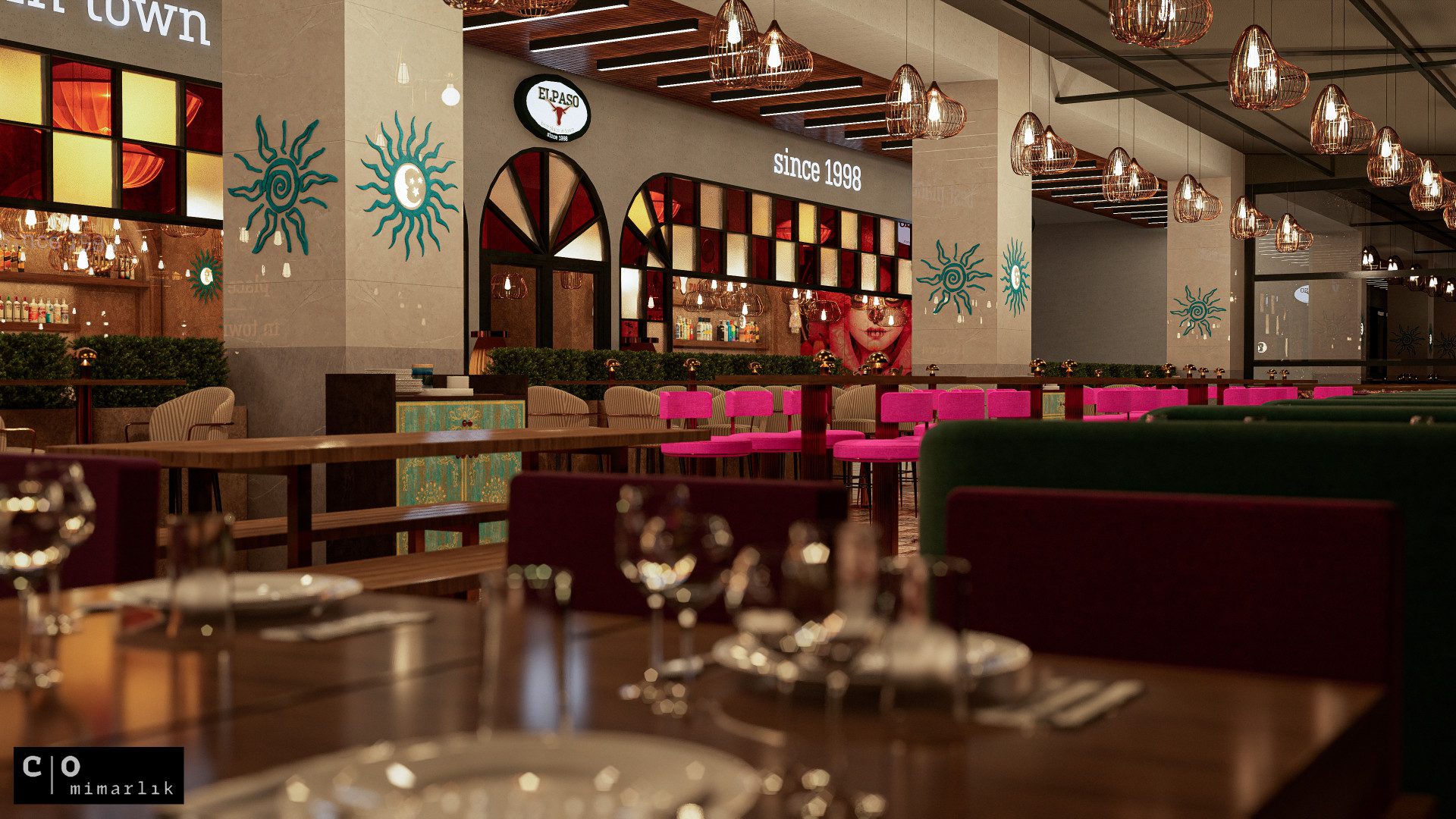 Meksika restoranı tasarımı - yuvarlak asma lambalar