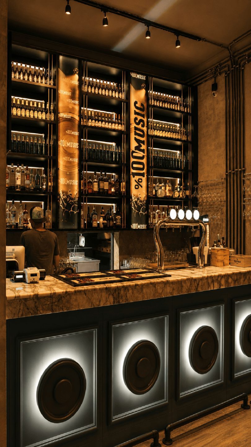 Konser şubesinde bar tezgâhı ve ışıklı dairesel cepheler
