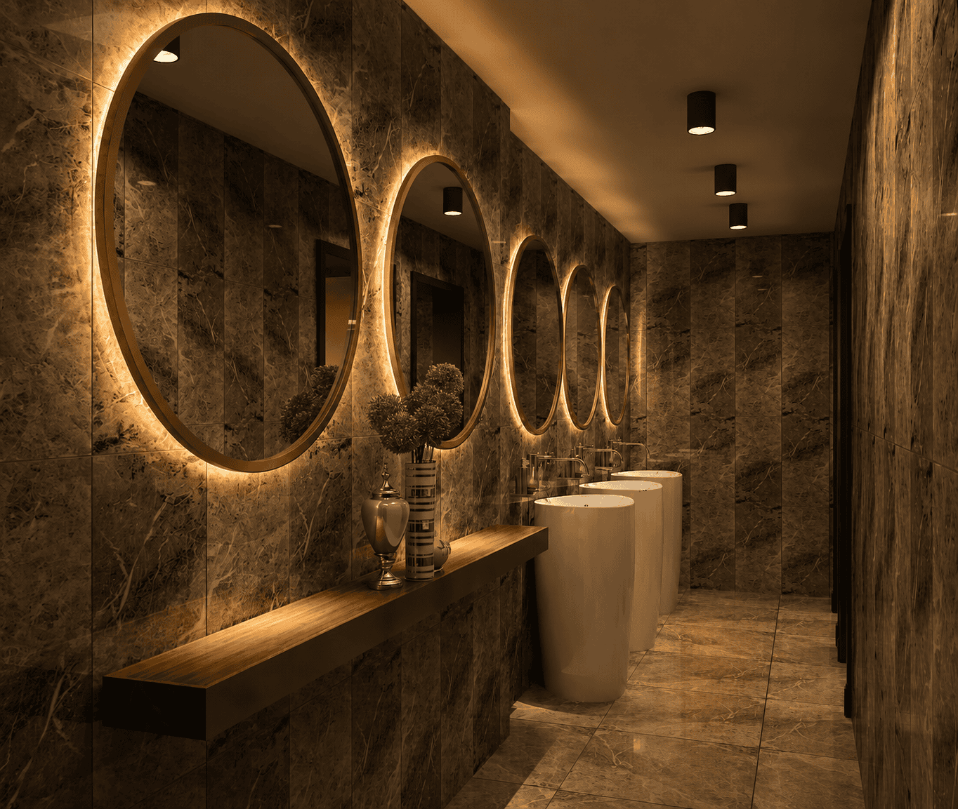 Restoran wc tasarımı – yuvarlak aynalar ve taş lavabolar, Balıktaşı Otel Ordu