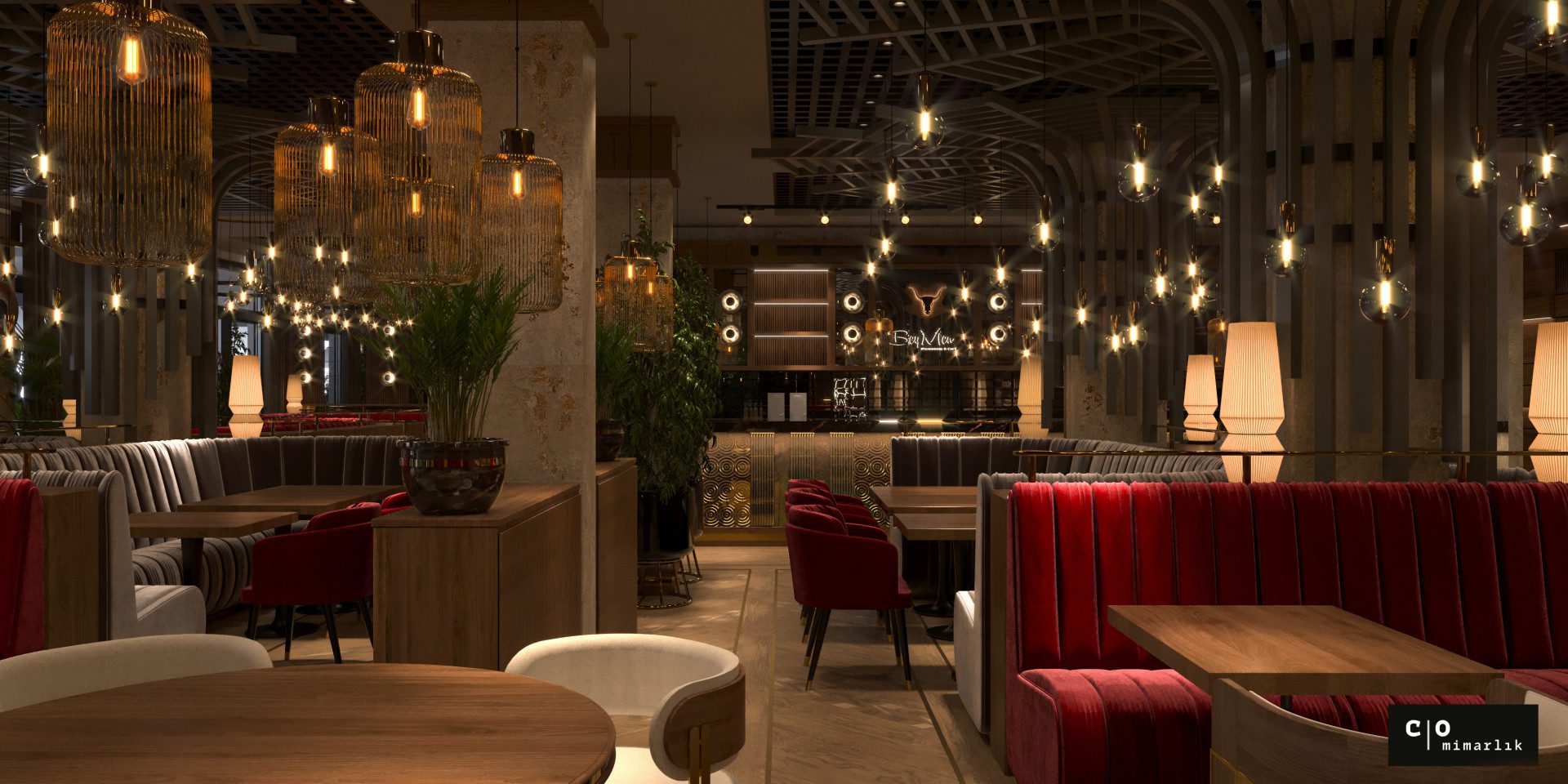 Türk restoran tasarımı - kırmızı detaylı oturma alanı