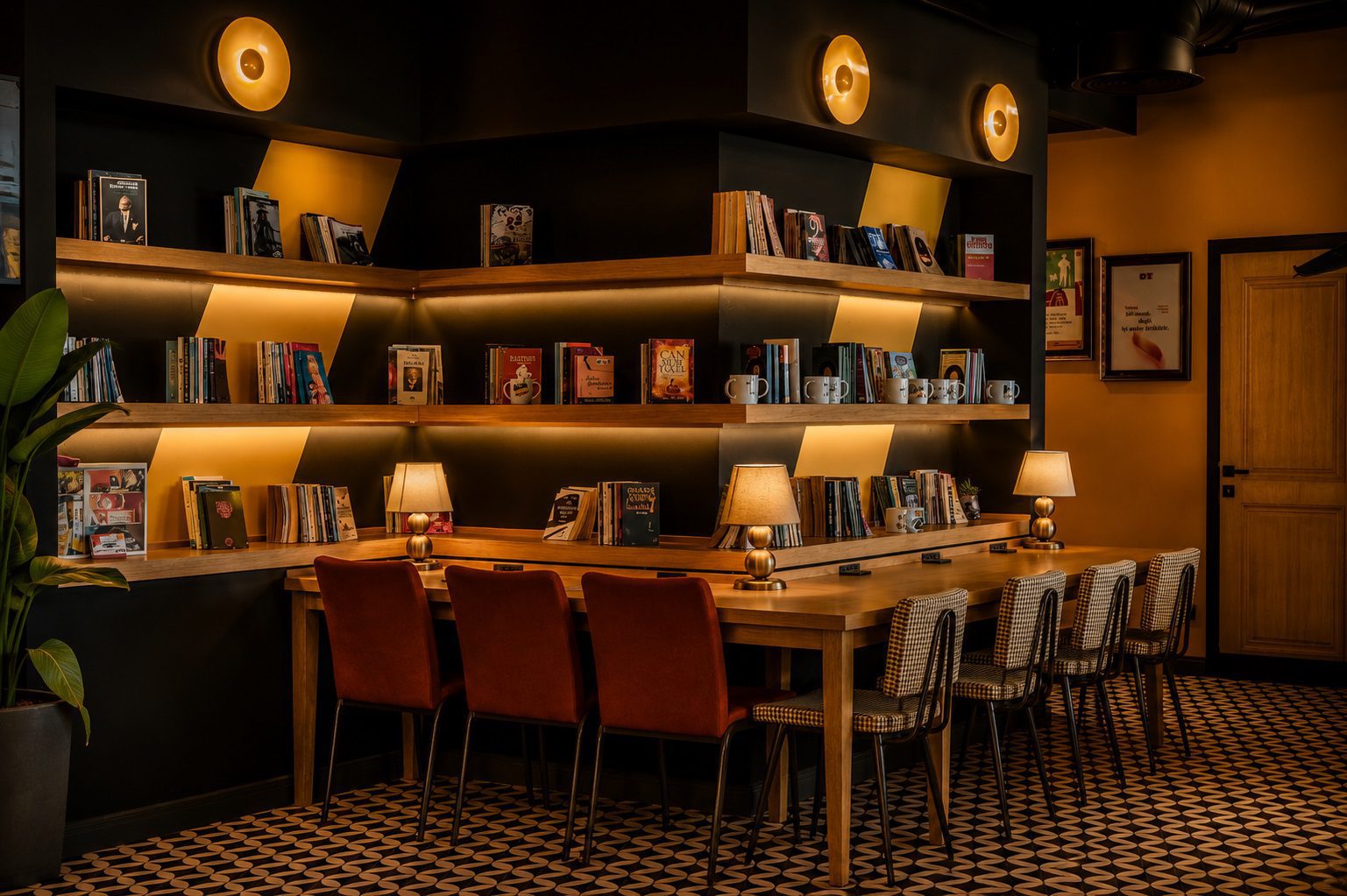 OT Kafe Çanakkale kafe tasarımı - kütüphane ve çalışma alanı