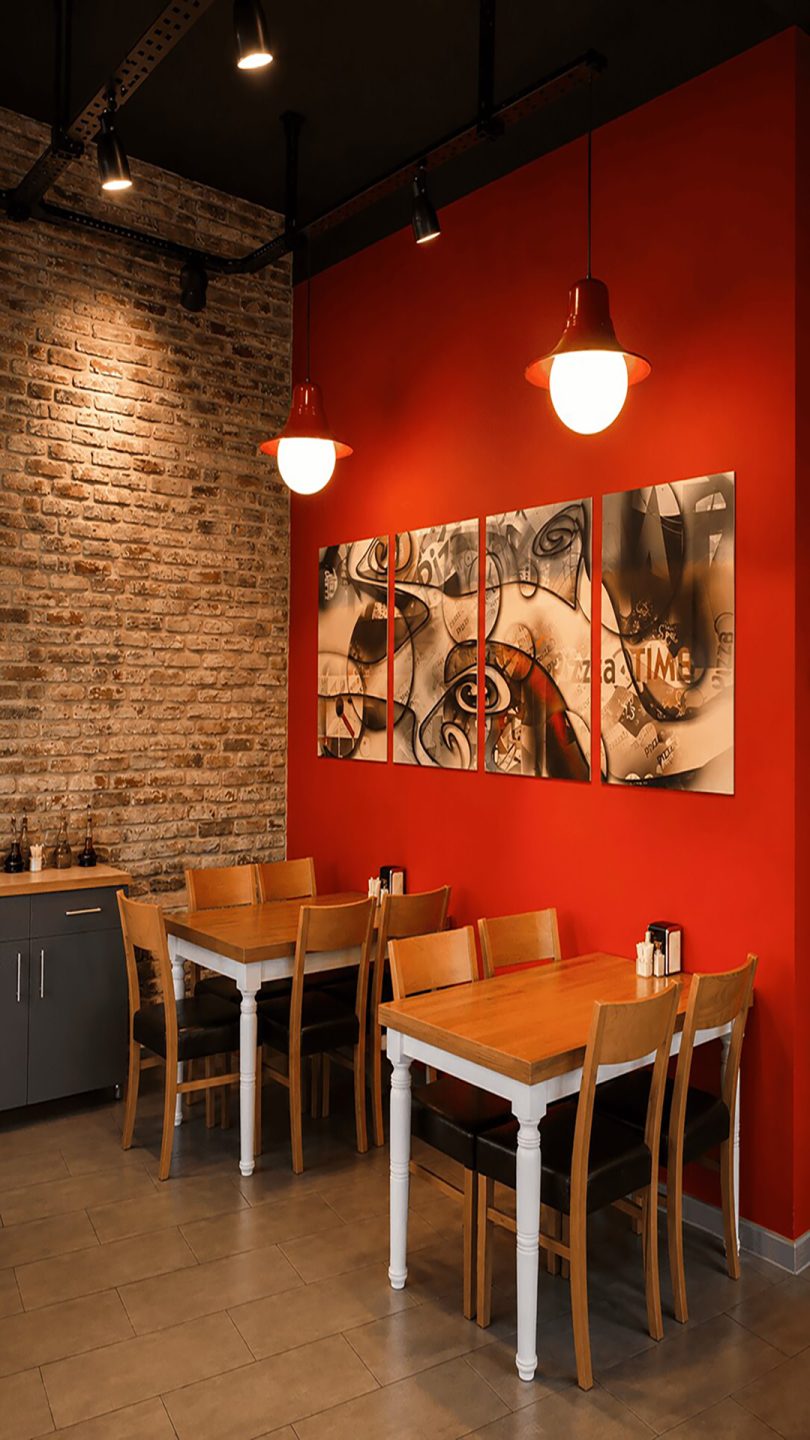 Pizza restoranı tasarımı: PizzaTime salonunda kırmızı duvar, tuğla yüzey ve ahşap masalar