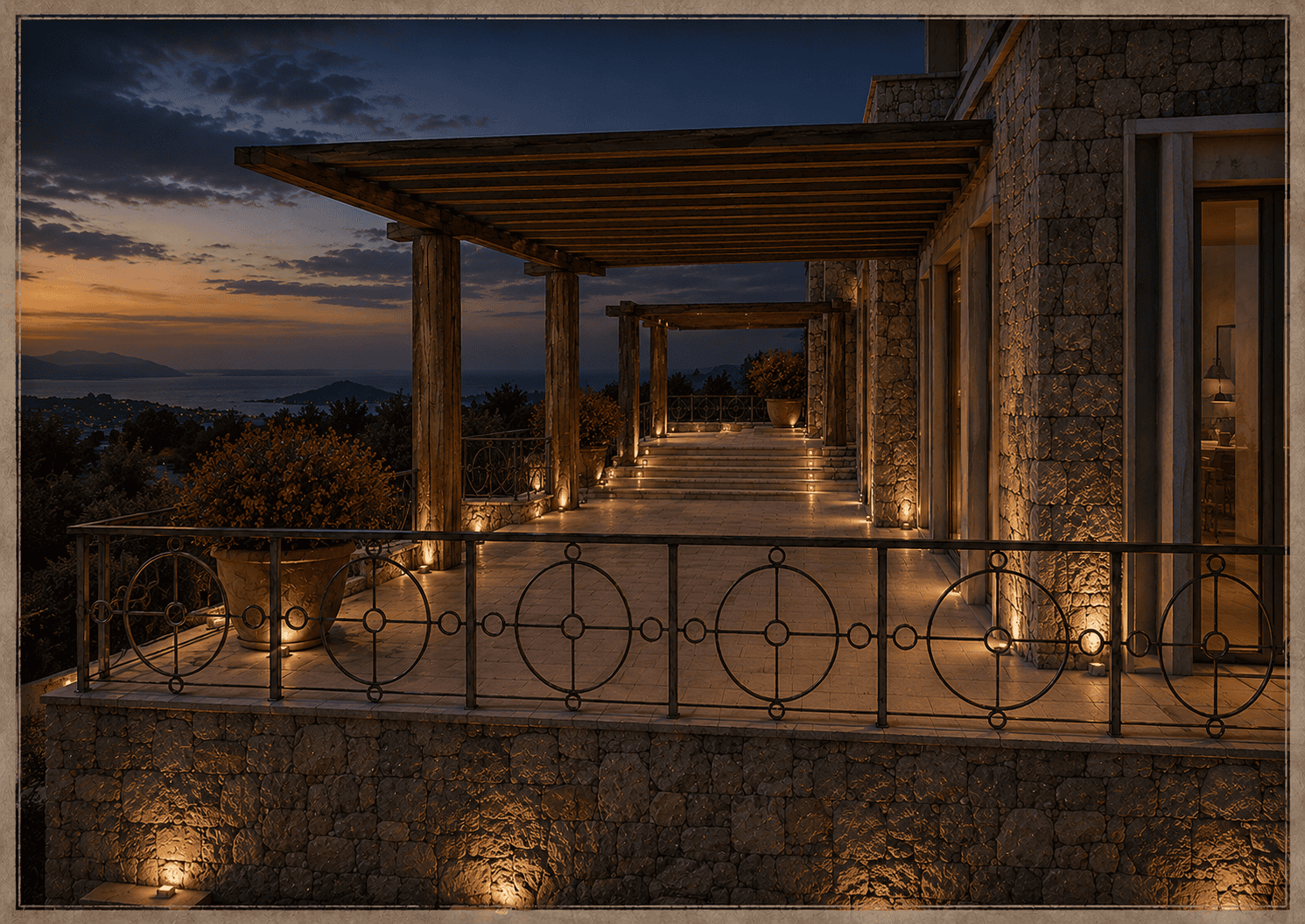 Bodrum villa tasarımı - teras ve sütun detayı, alacakaranlık