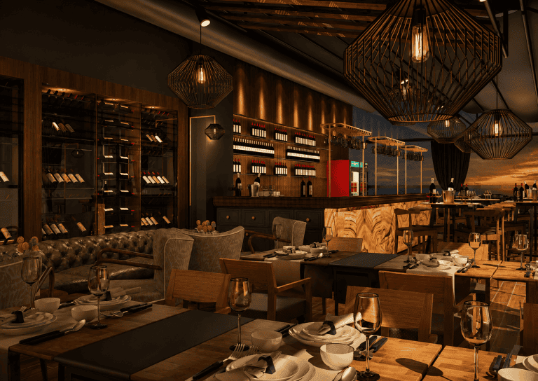 Otel restoranı tasarımı - koyu ahşap şarap sergileme ünitesi