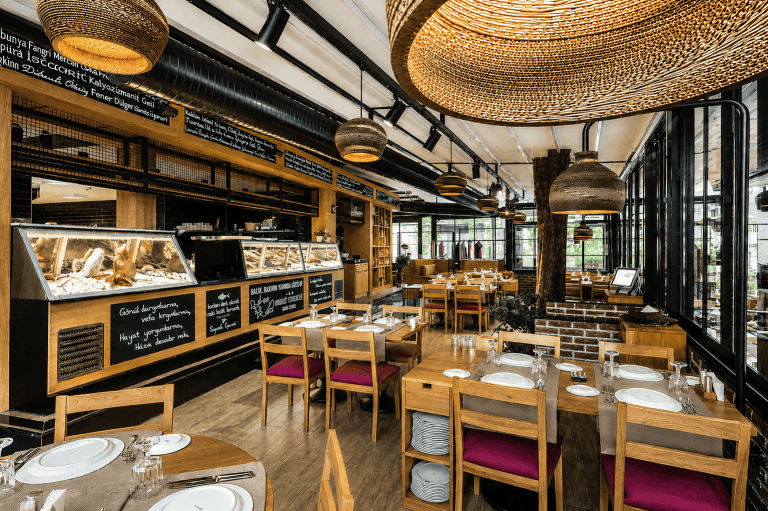 Gaziosmanpaşa balık restoranı tasarımı: Camgöz, ahşap masalar, sarkıt lambalar ve ürün vitrini