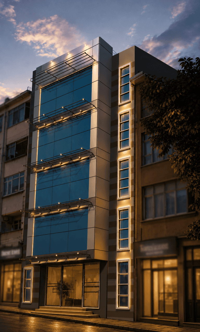 Dershane binası mimari projesi: Kadıköy İstanbul, cam giydirme cephe ve ışıklı güneşlikler