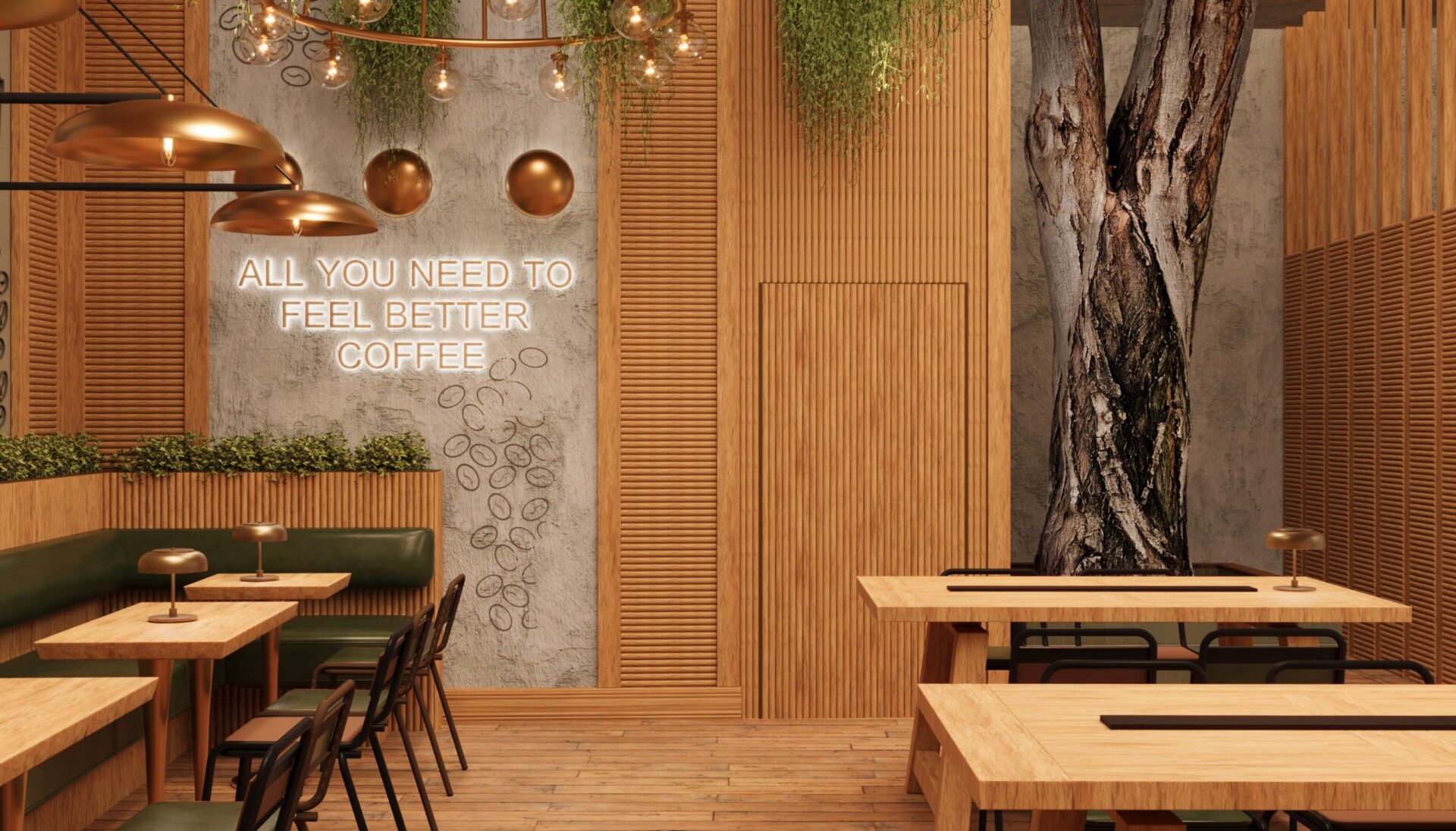 Coffee Store Meydan Beşiktaş kafe tasarımı - duvar kaplaması ve bahçe içi ağaç