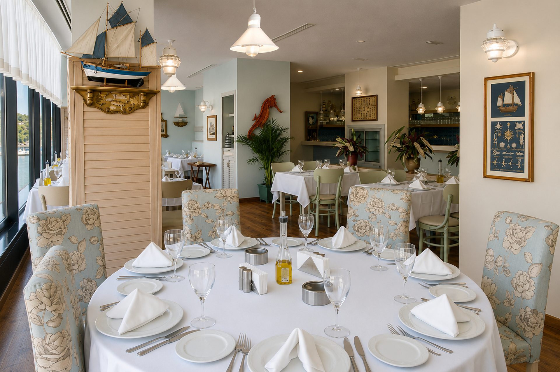 Balık restoranı iç mimarisi: Martı Balık salonunda yuvarlak masa, gemi maketi ve denizci temalı detaylar